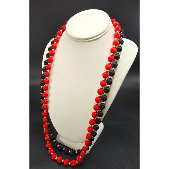 Vintage Red & Black Satin Thread Beaded Necklaces With Gold-Tone Accents HS200 - Picture 4 of 5